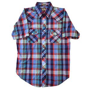Vintage Plainsman Plaid Pearl Snap Short Sleeve Shirt Extra Long Mens L 16-16.5